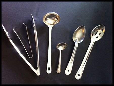 Serving spoons, forks, tongs, ladles